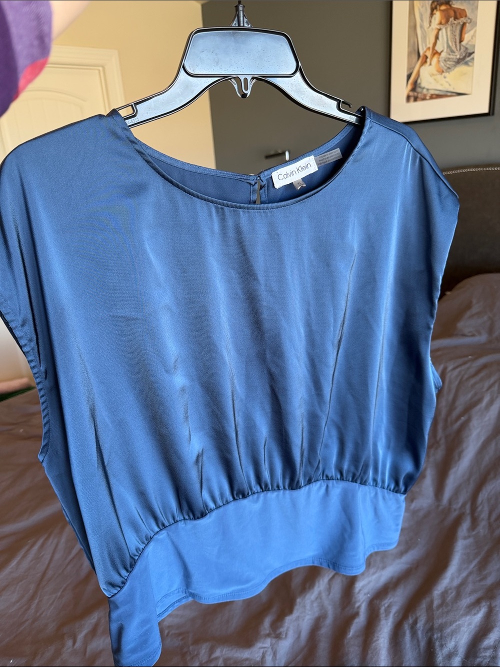 Calvin Klein Navy Satin-Front Elastic Hem Cap Sleeve Blouse